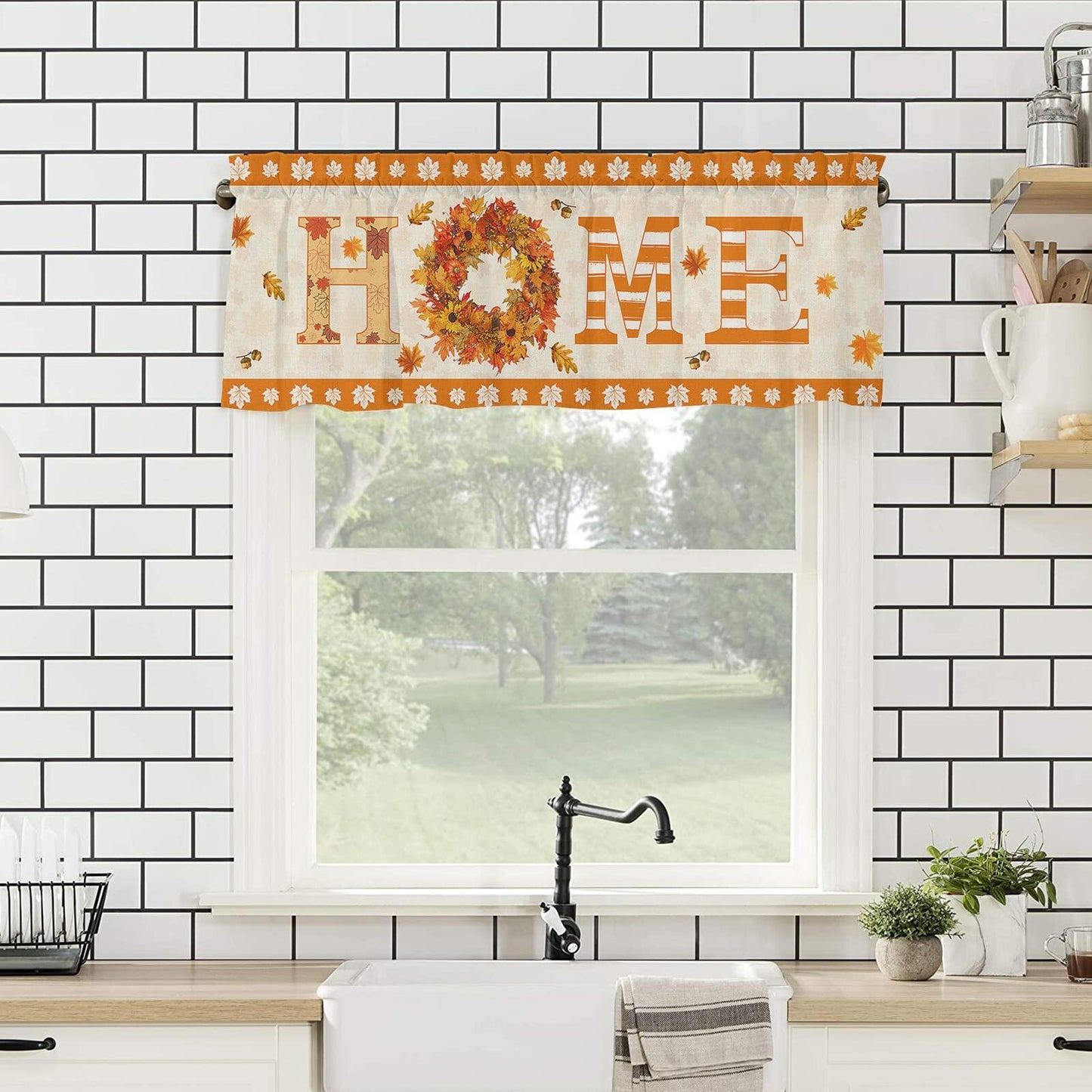 BEMIGO Fall Window Valance Curtains 42x18in Orange Pumpkin Maple Leaves