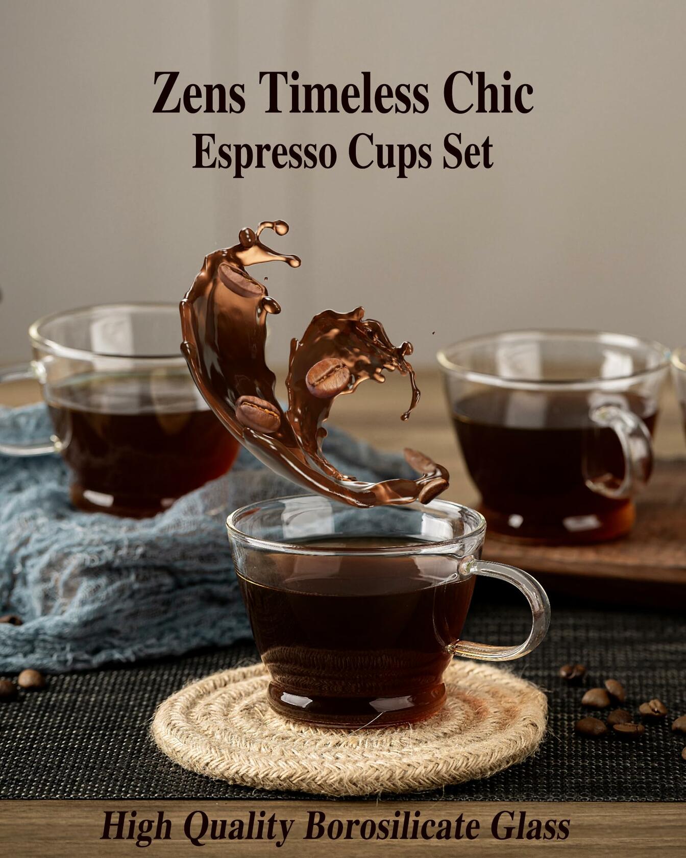 ZENS Espresso Glasses Set of 4 5.4oz Clear Demitasse Mugs with Handle