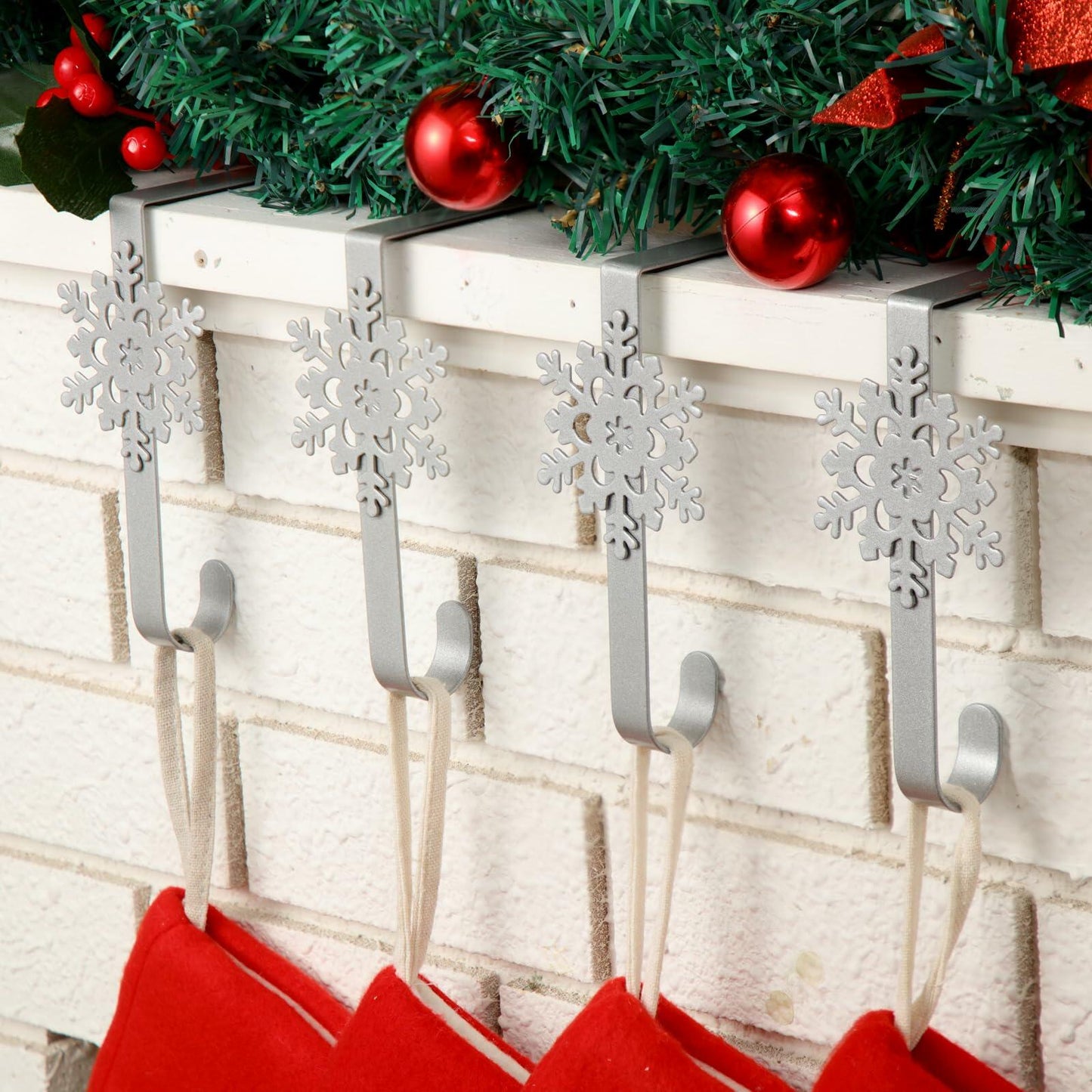 Gisafai 12 Pcs Metal Snowflake Christmas Stocking Holders Black Mantle Hooks