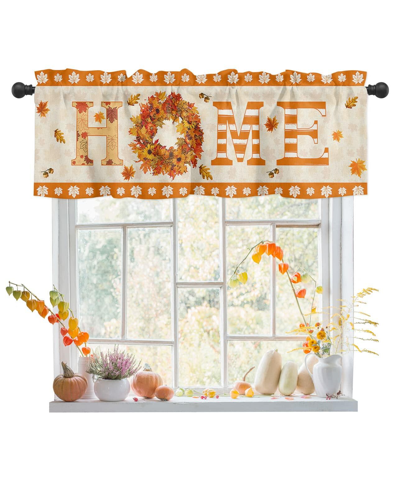 BEMIGO Fall Window Valance Curtains 42x18in Orange Pumpkin Maple Leaves