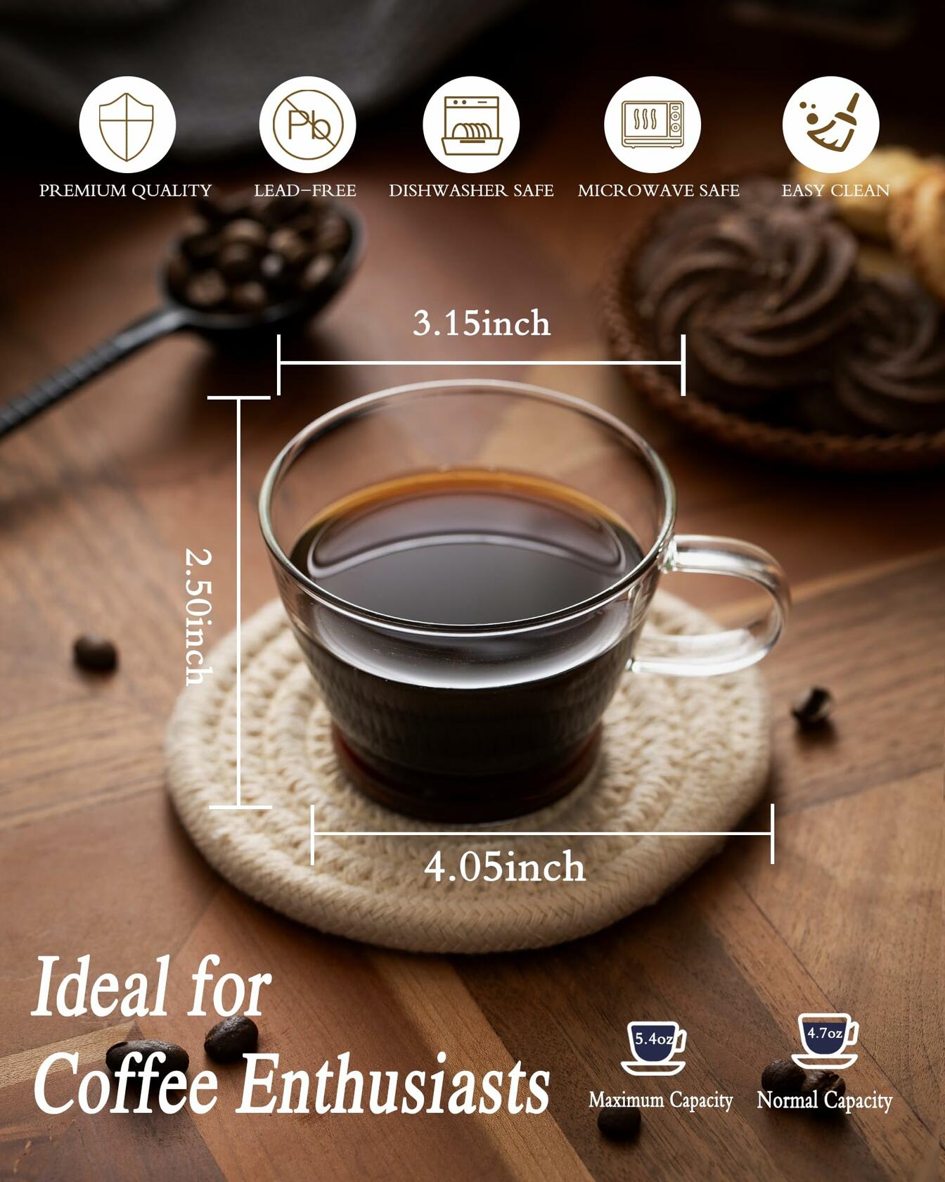 ZENS Espresso Glasses Set of 4 5.4oz Clear Demitasse Mugs with Handle