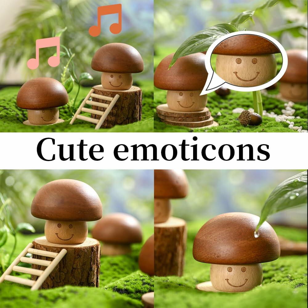 YUNBIAOSEN Wooden Mushroom Music Box Clockwork Smile Design 8x5cm