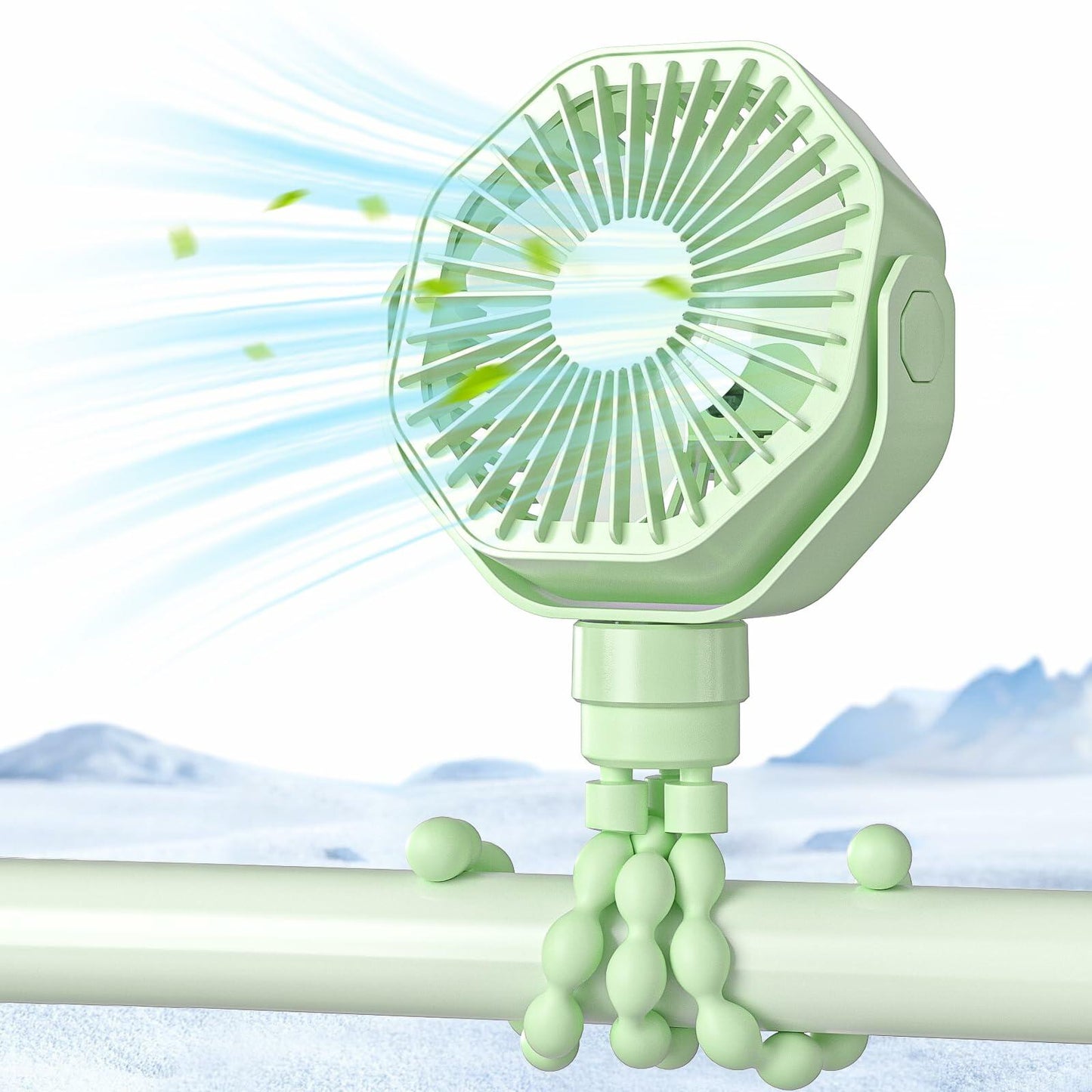 Lerat Portable Stroller Fan 3-Speed Rechargeable Clip-On Green