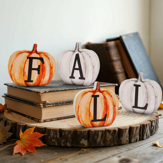 Popest 4 PCS Fall Pumpkin Decor Wood Sign Block Set White Farmhouse