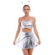 Alien Costume Women Metallic Crop Top Skirt Headband Silver Size 2XL