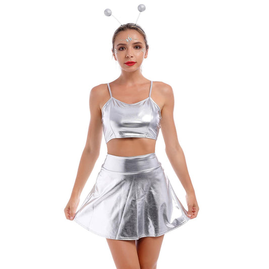 Alien Costume Women Metallic Crop Top Skirt Headband Silver Size 2XL