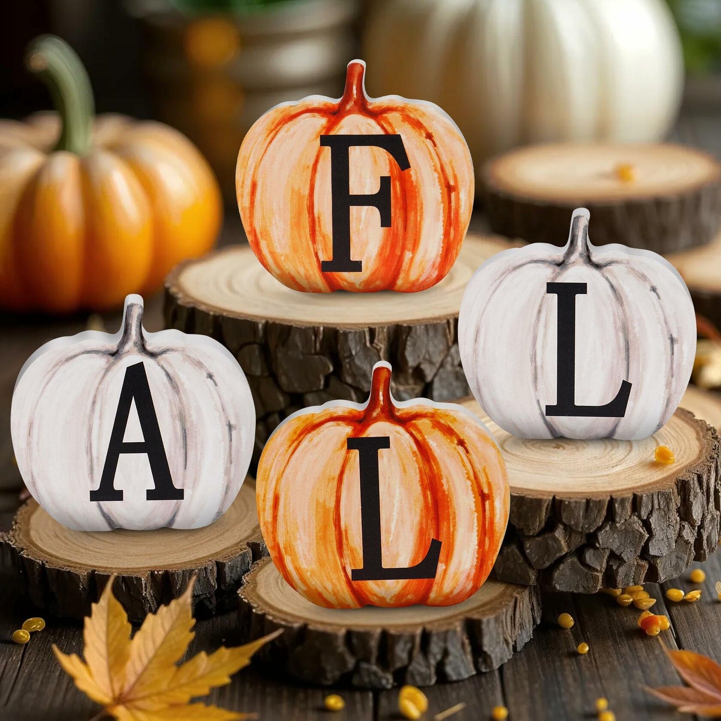 Popest 4 PCS Fall Pumpkin Decor Wood Sign Block Set White Farmhouse