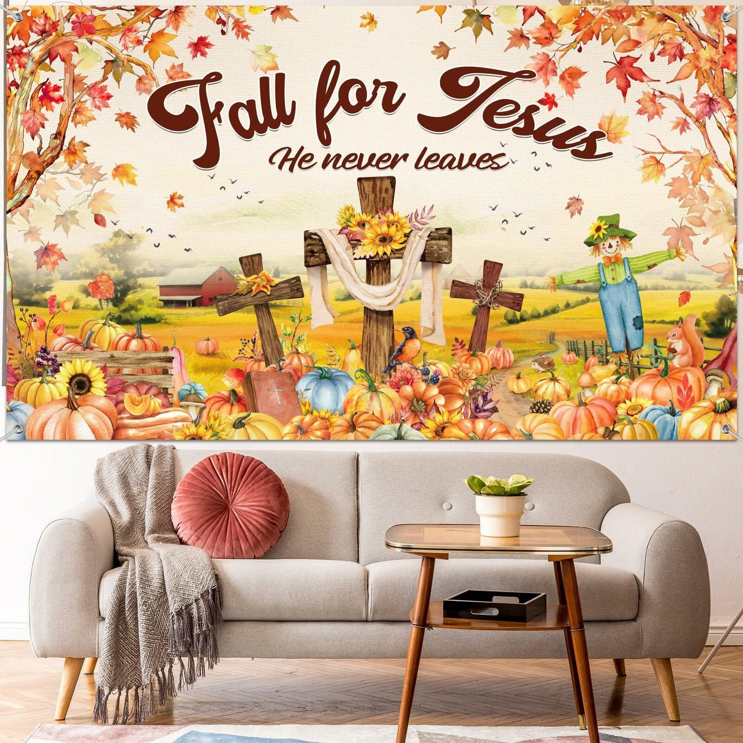 Leinuosen Fall for Jesus Thanksgiving Pumpkin Banner Decoration 6x4 ft