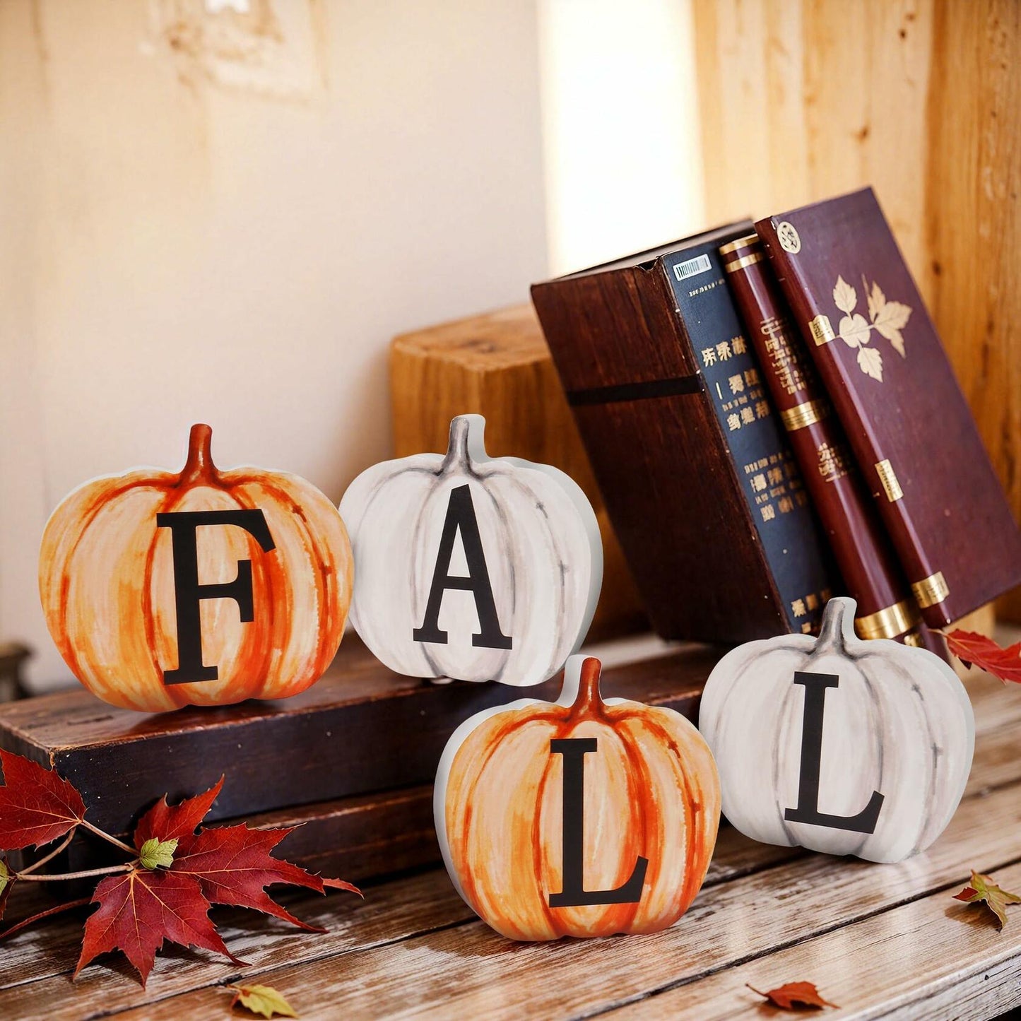 Popest 4 PCS Fall Pumpkin Decor Wood Sign Block Set White Farmhouse