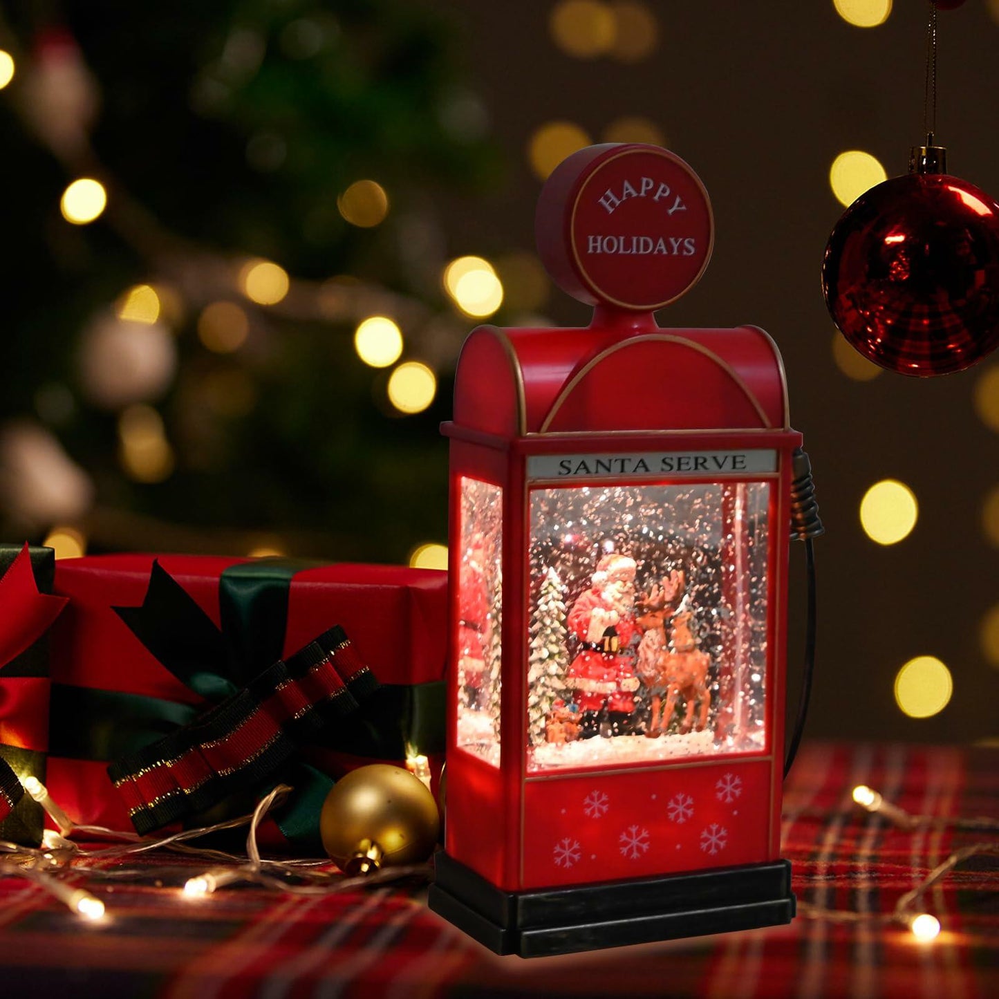 14.4" Christmas Snow Globe Musical Lighted Santa Tree Elk Scene Red