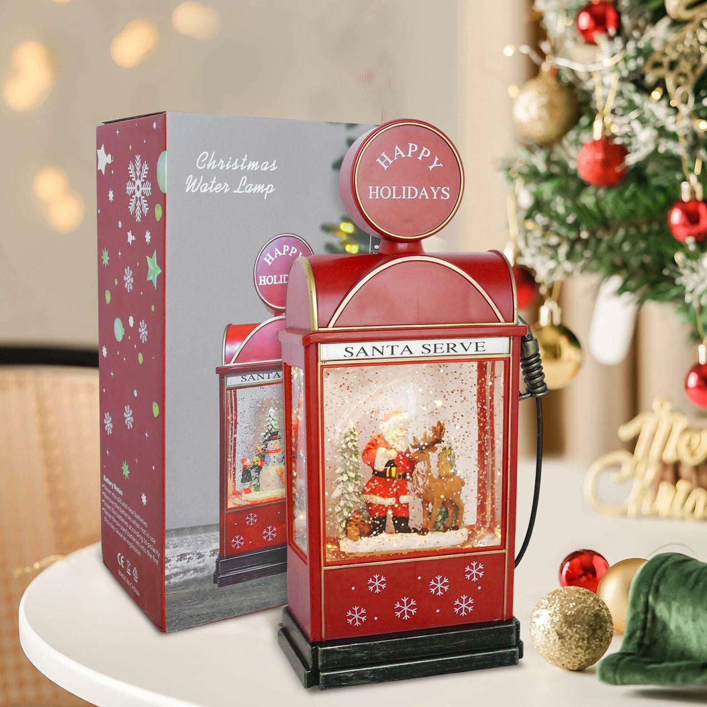 14.4" Christmas Snow Globe Musical Lighted Santa Tree Elk Scene Red