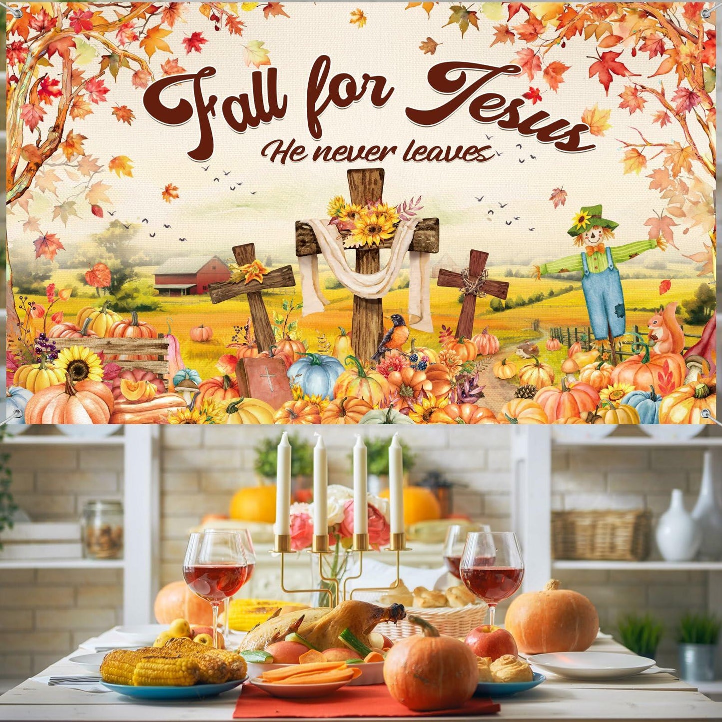 Leinuosen Fall for Jesus Thanksgiving Pumpkin Banner Decoration 6x4 ft