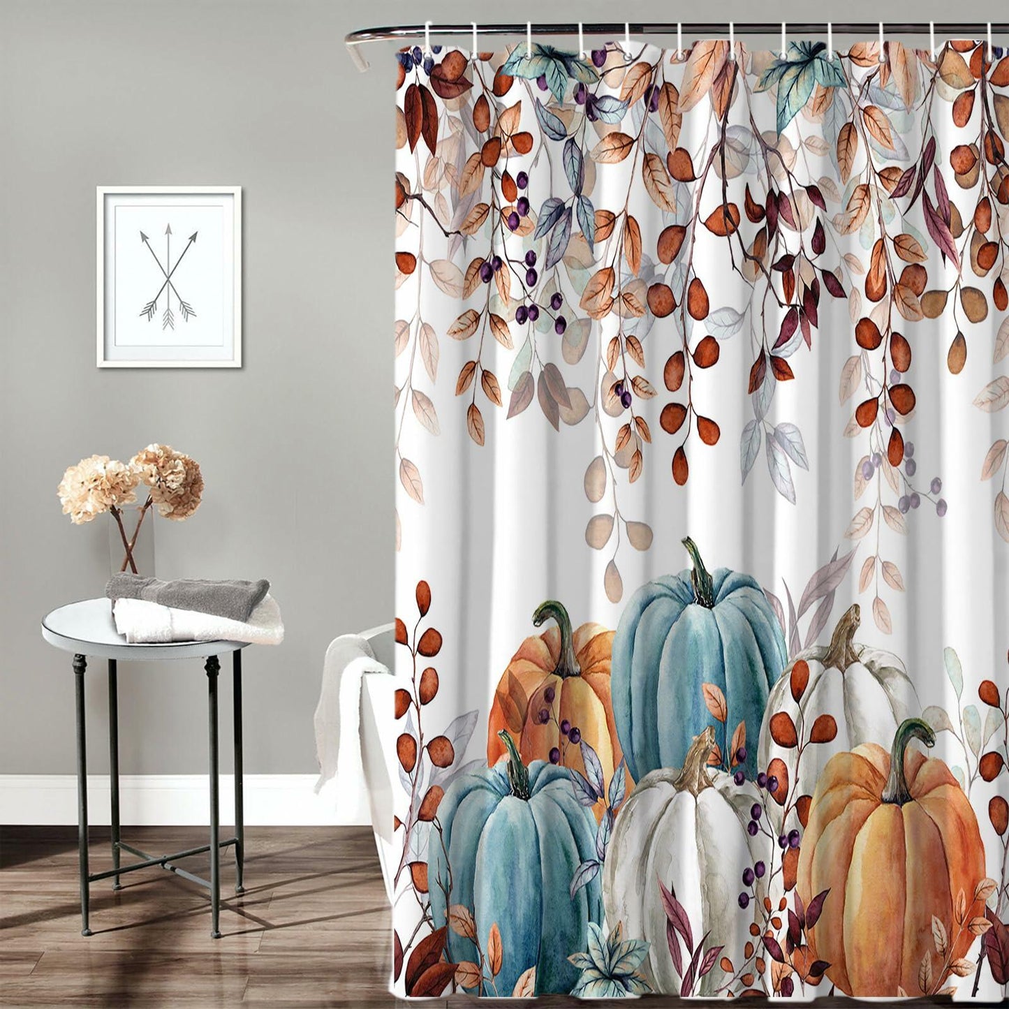 Fall Thanksgiving Watercolor Pumpkins Eucalyptus Shower Curtain 72x72