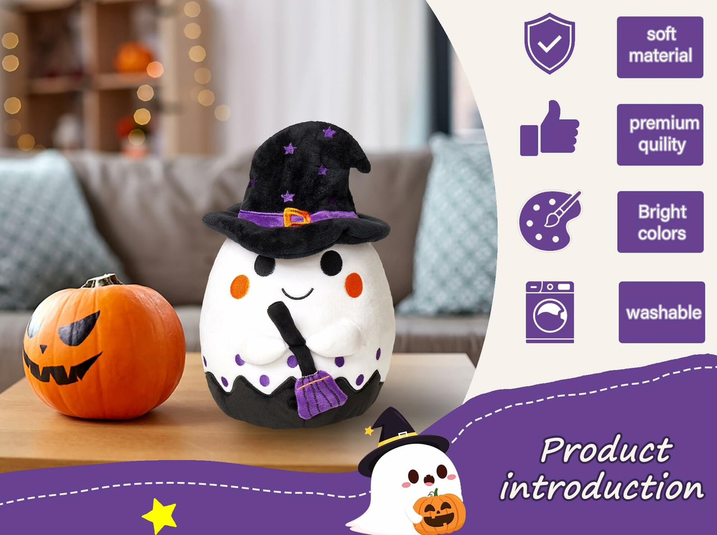 Ziyutam Ghost Pumpkin Stuffed Animal Plush Toy 9.4" Halloween Decoration