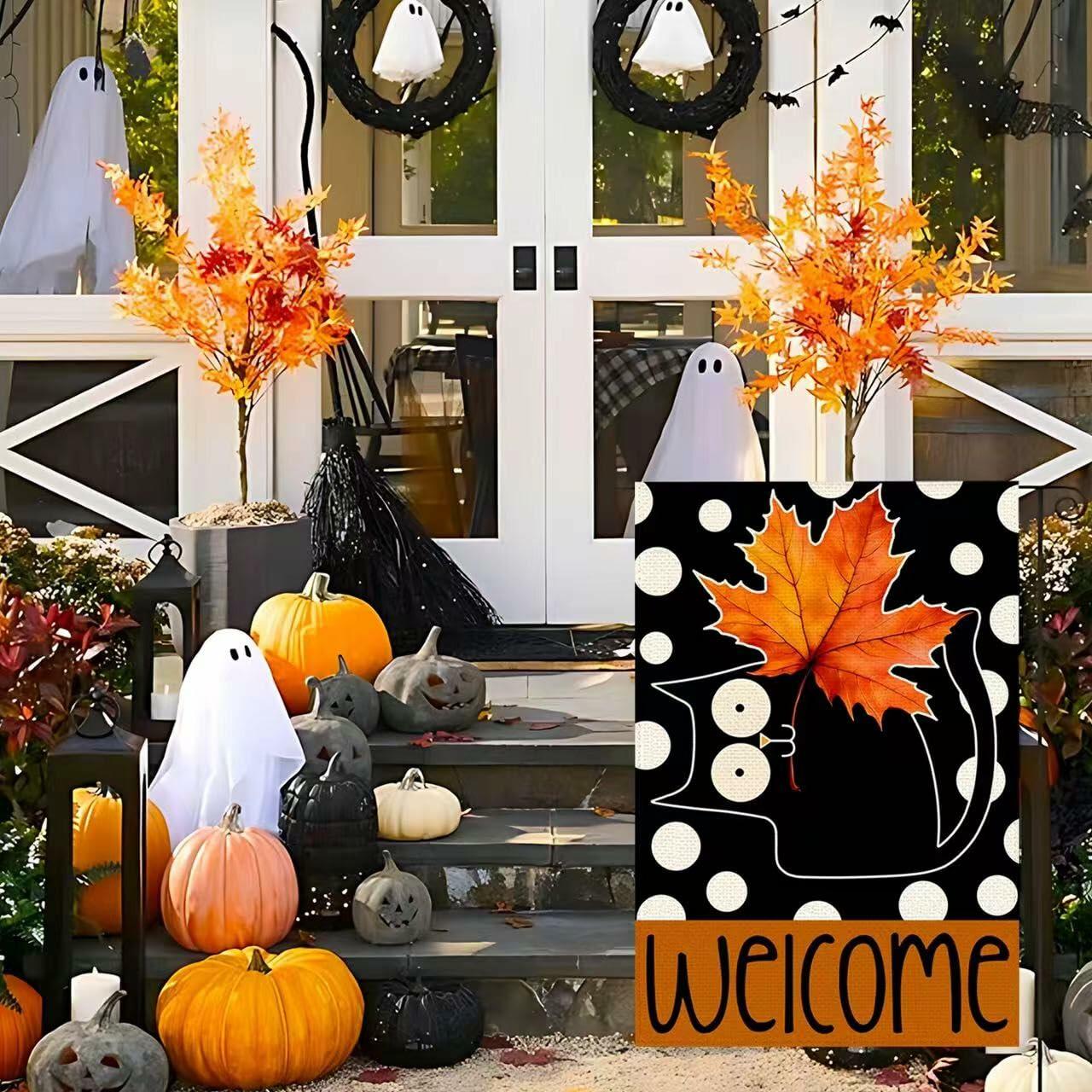 Halloween Garden Flag 12x18in Double Sided Black Cat Yard Outdoor Decor