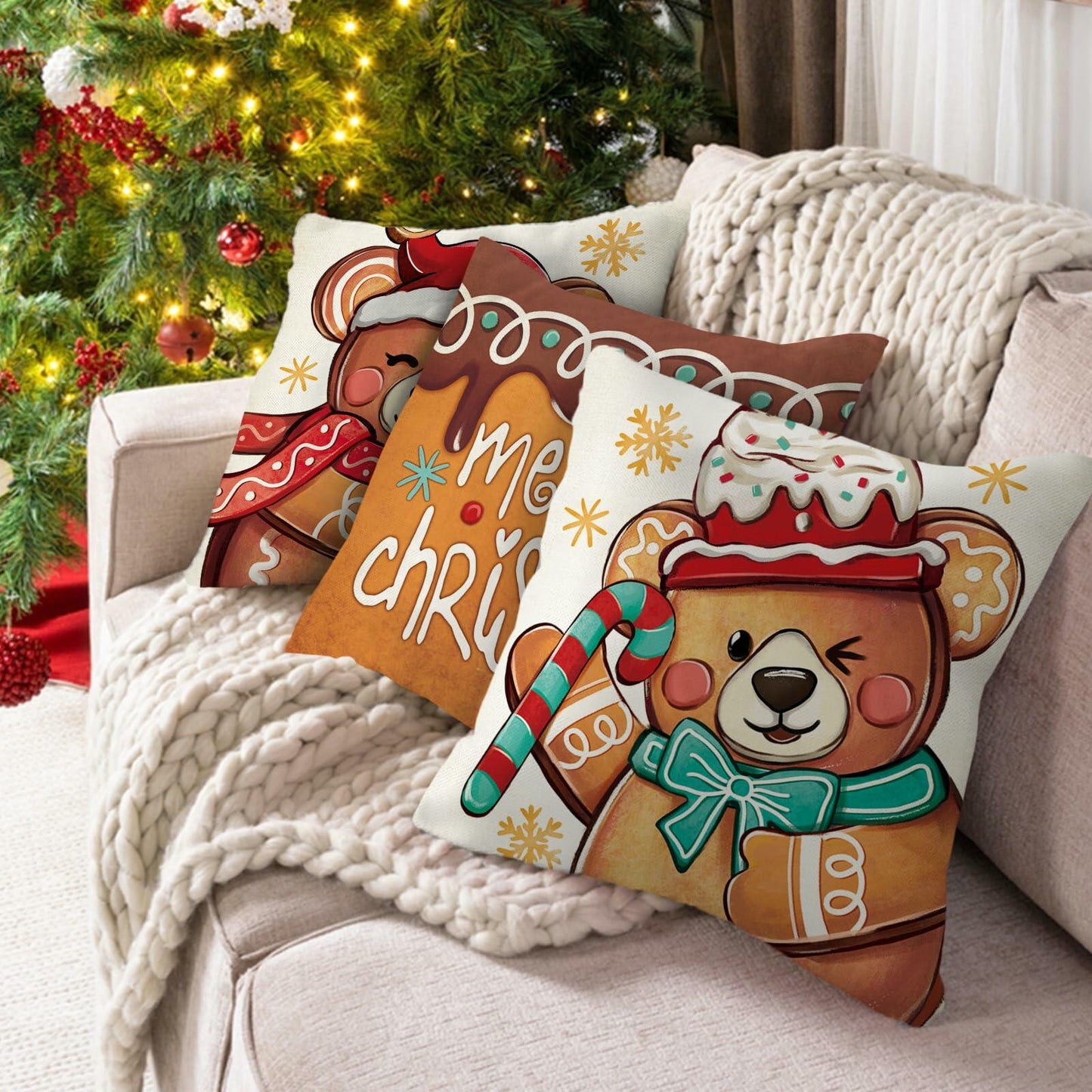 Fahrendom Christmas Bear Deer Throw Pillow Covers 18x18 Set of 4 Pink