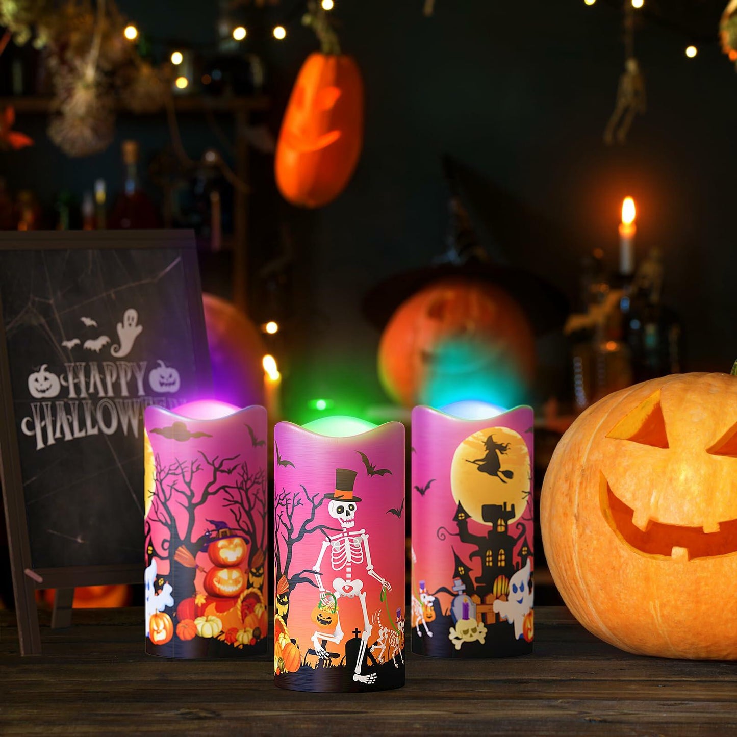 Halloween Candles 3x6 Set of 3 LED 12 Colors Remote Control