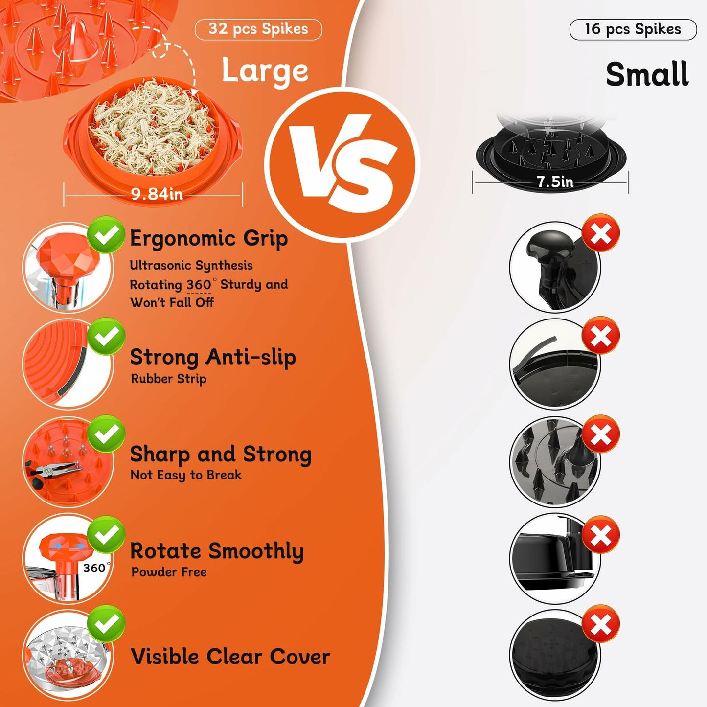 Chicken Shredder Tool Twist Large 10" with Brush Orange BPA Free Ergonomic