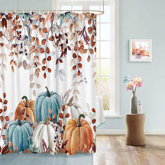 Fall Thanksgiving Watercolor Pumpkins Eucalyptus Shower Curtain 72x72