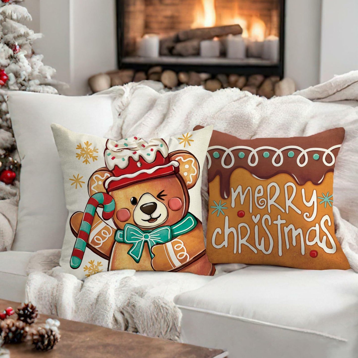 Fahrendom Christmas Bear Deer Throw Pillow Covers 18x18 Set of 4 Pink