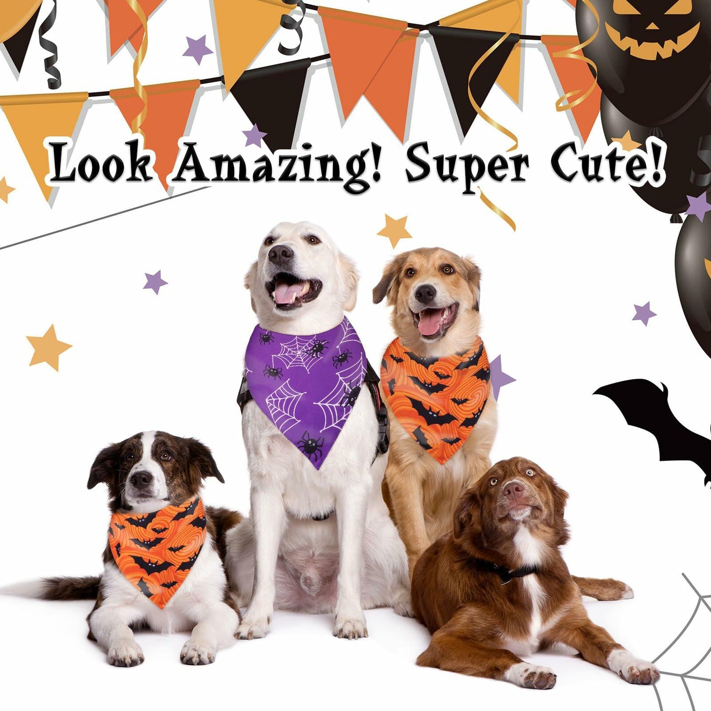 Halloween Dog Bandanas 2 Pack Adjustable Bat Spider Purple Orange Size M-L