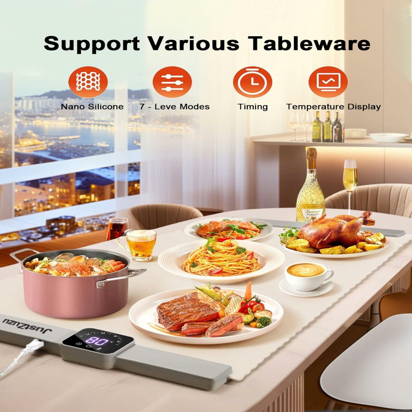 Electric Food Warming Mat Extra Large Portable Heating Tray Black 5 Temp