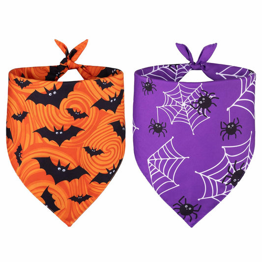 Halloween Dog Bandanas 2 Pack Adjustable Bat Spider Purple Orange Size M-L