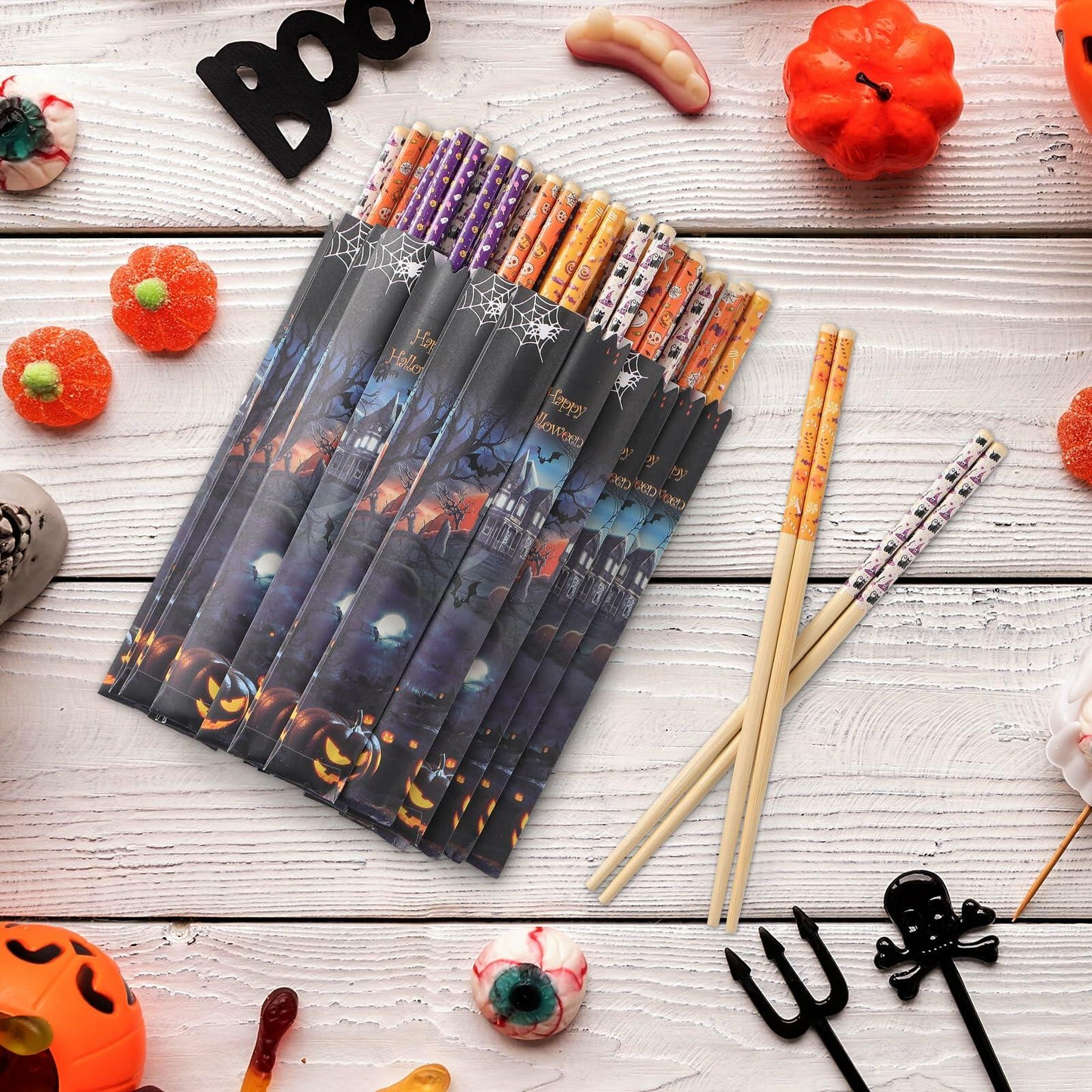 Halloween 50 Pairs 9.4in Bamboo Disposable Chopsticks Sleeved Party Gifts