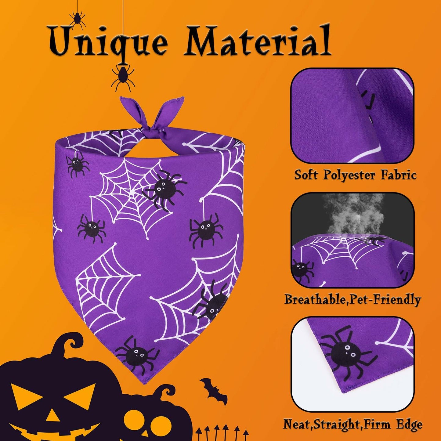 Halloween Dog Bandanas 2 Pack Adjustable Bat Spider Purple Orange Size M-L