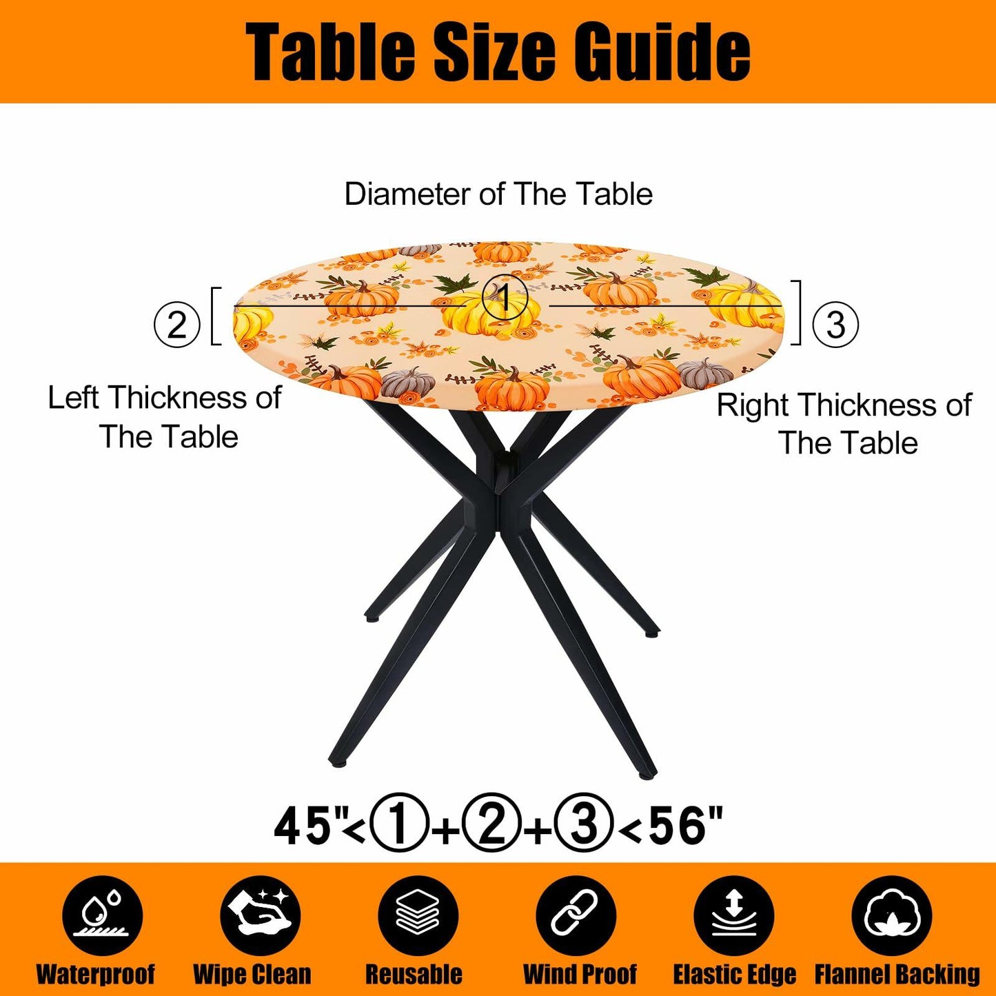 Smiry Waterproof Thanksgiving Tablecloth Fitted 45-56" Tables Orange