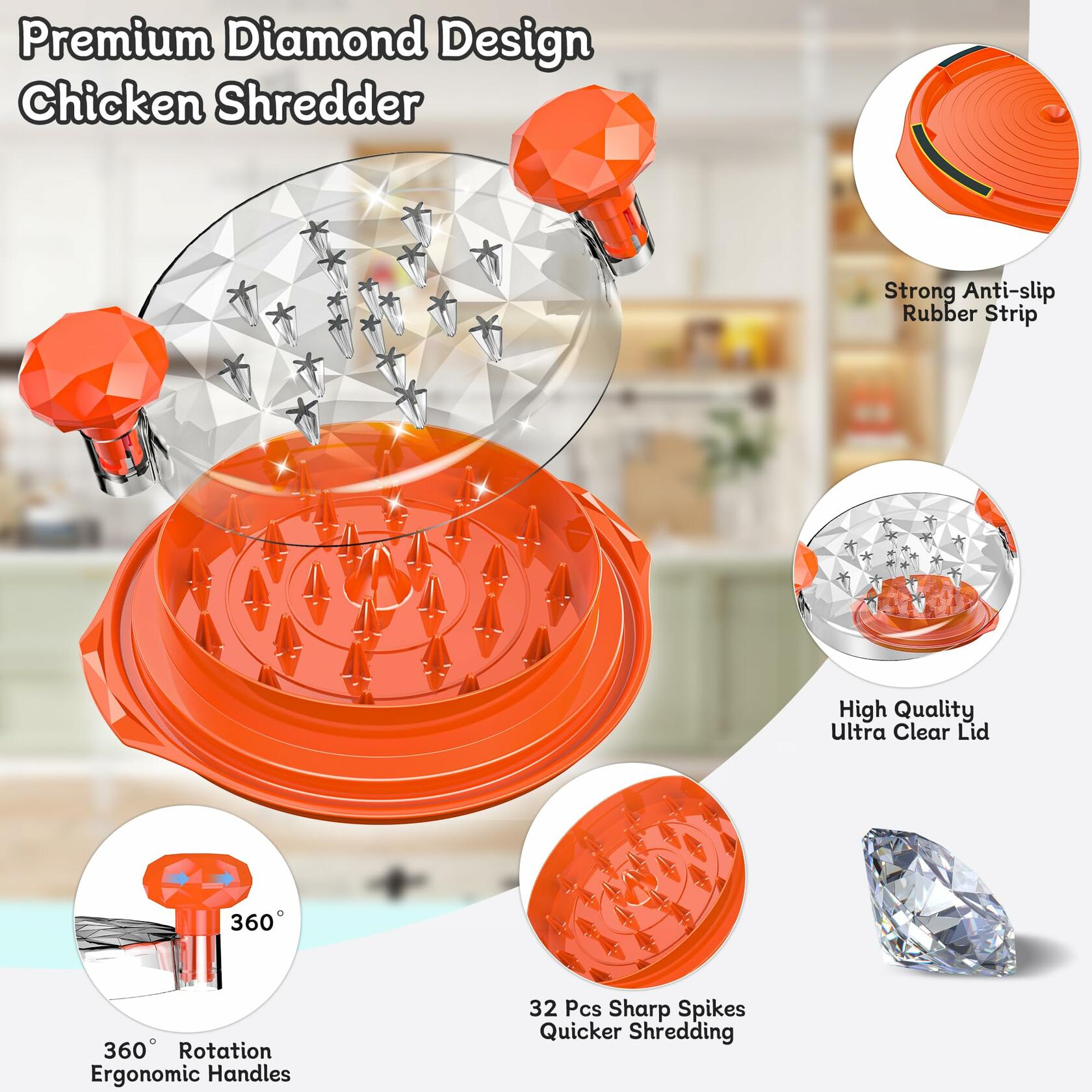 Chicken Shredder Tool Twist Large 10" with Brush Orange BPA Free Ergonomic