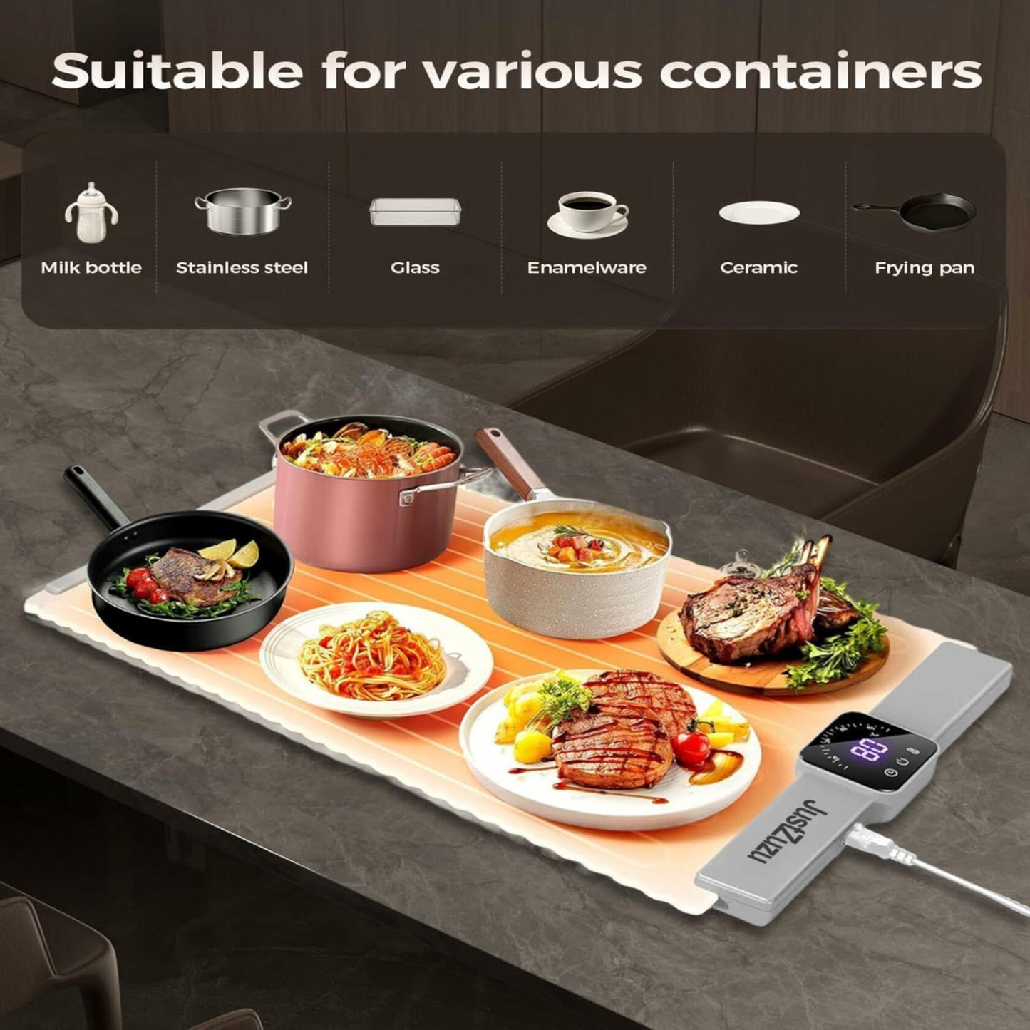 Electric Food Warming Mat Extra Large Portable Heating Tray Black 5 Temp
