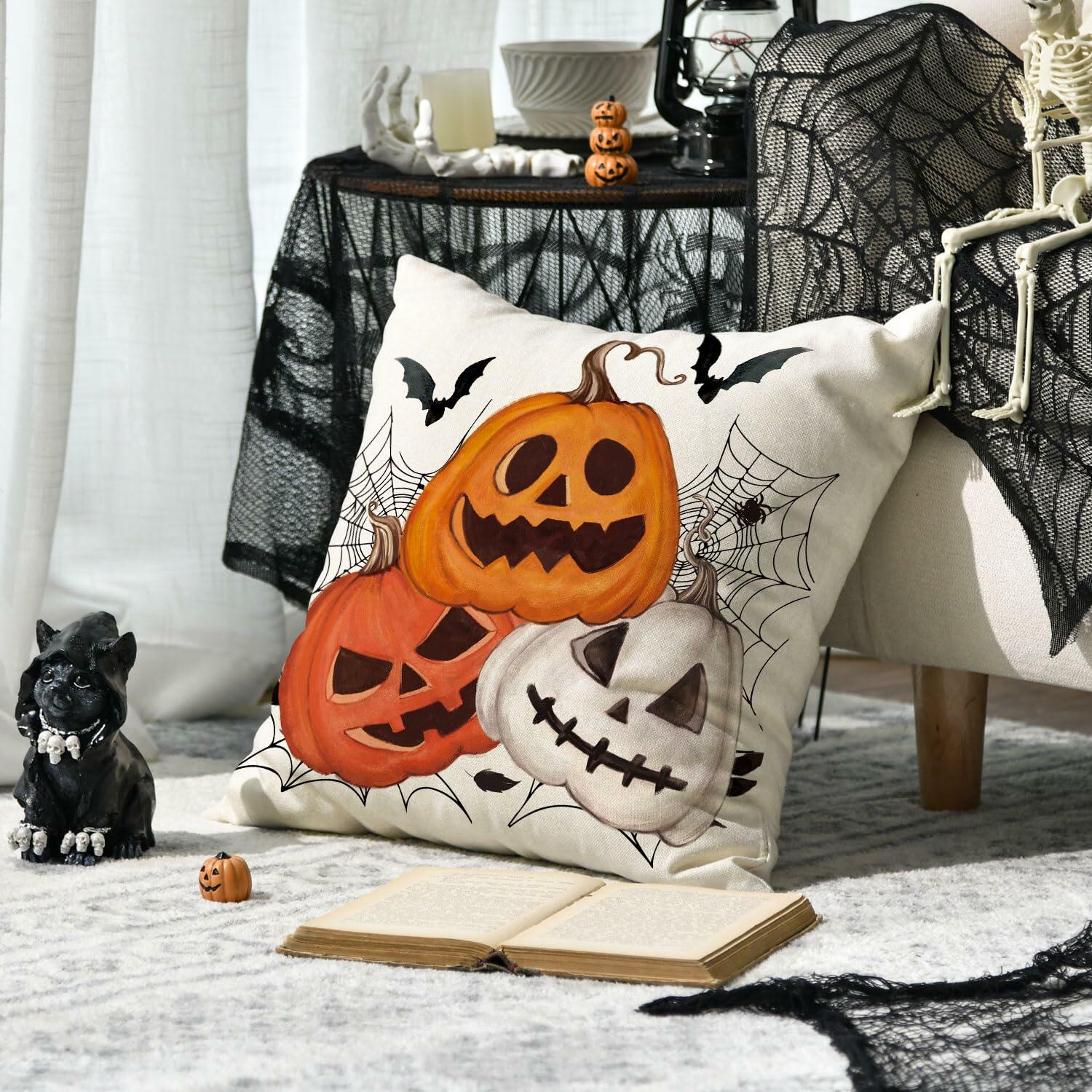 AVOIN Halloween Pumpkin Jack-O'-Lantern Bat Throw Pillow Cover 18x18 Inch