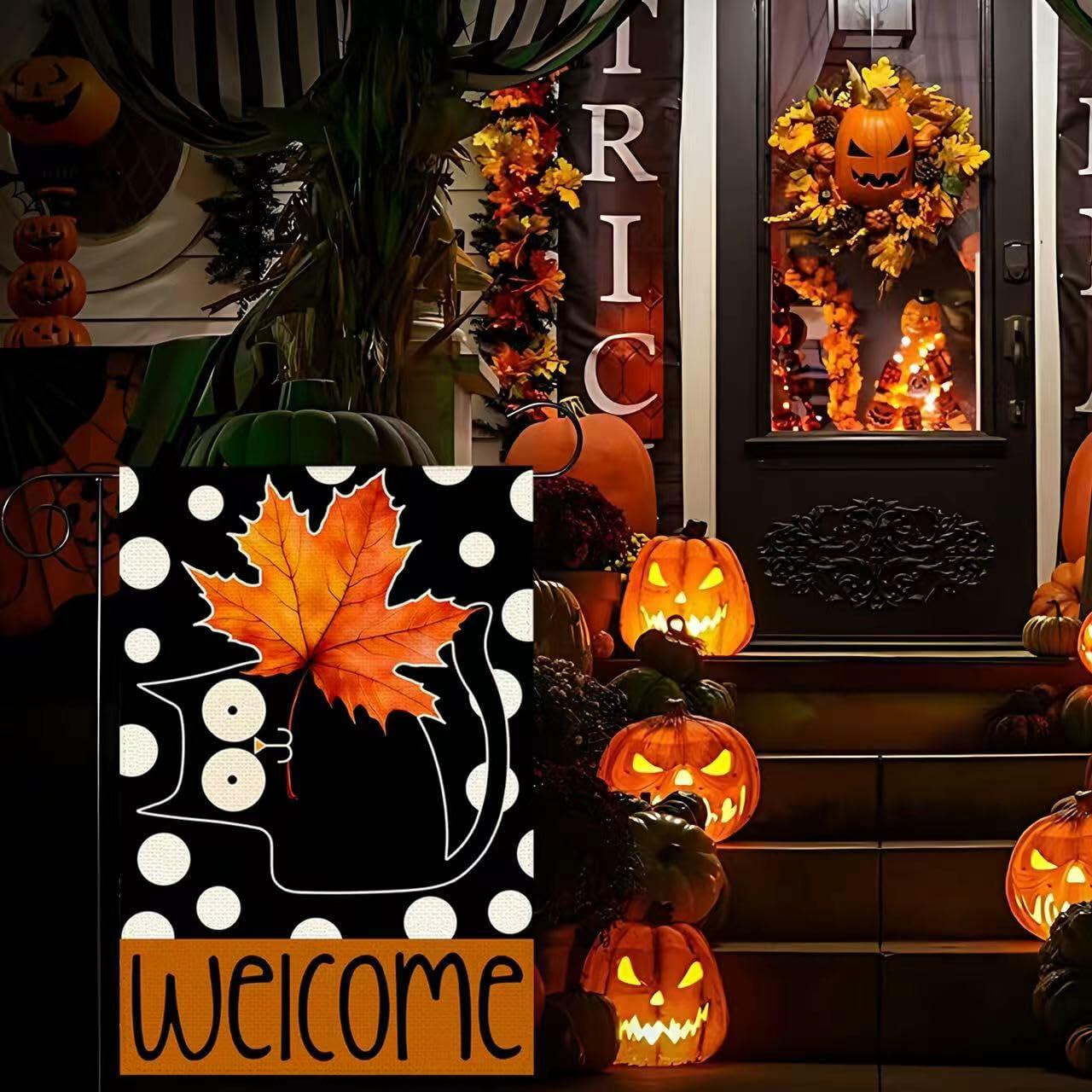Halloween Garden Flag 12x18in Double Sided Black Cat Yard Outdoor Decor