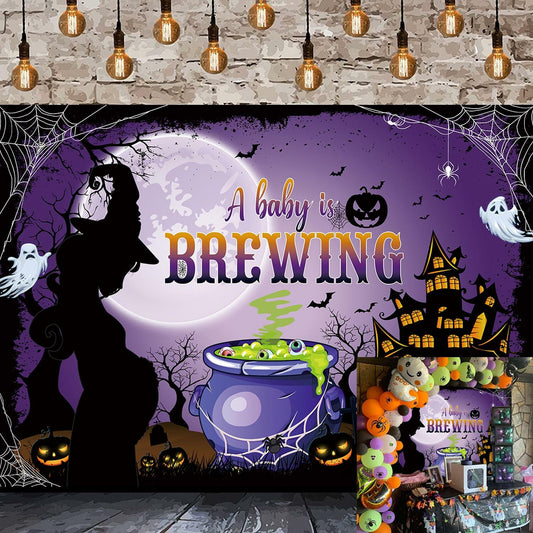 A Baby is Brewing Halloween Backdrop Magic Witch Baby Shower Banner 6x4FT
