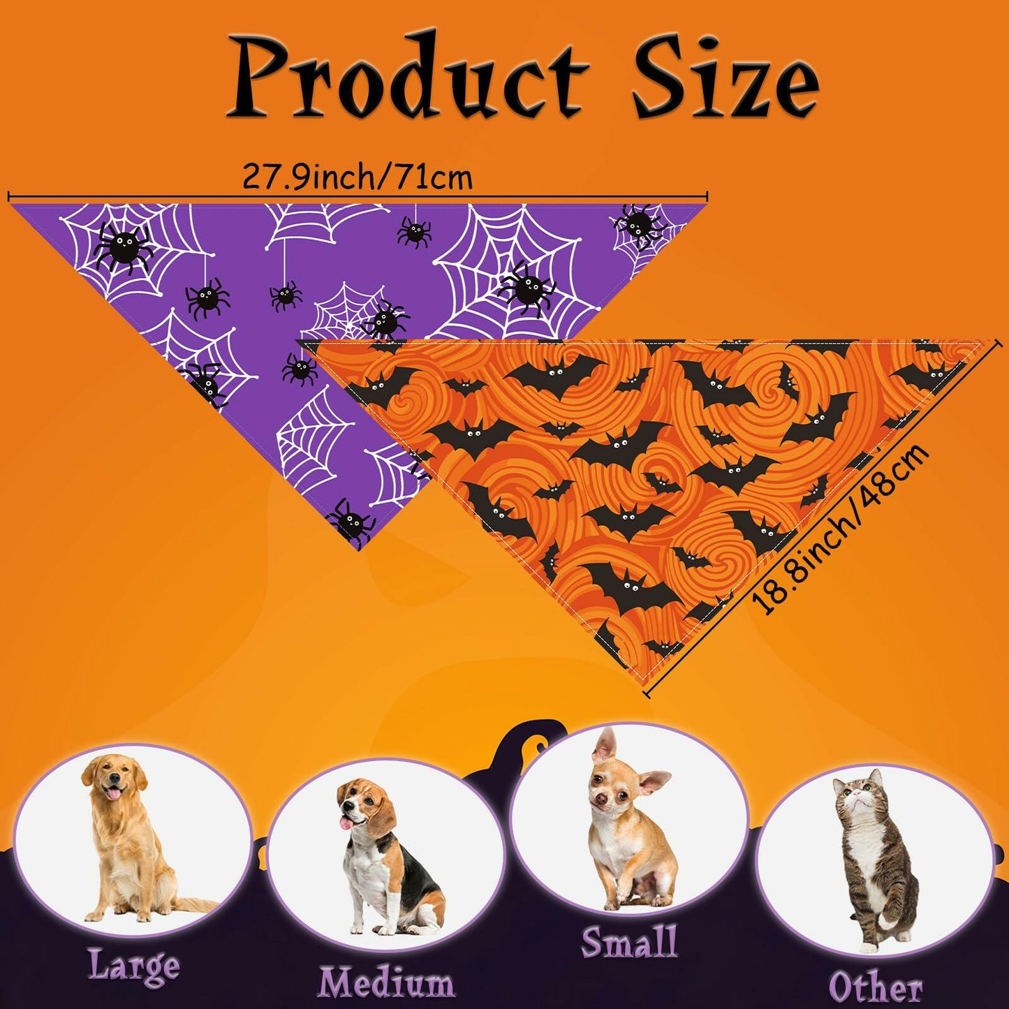 Halloween Dog Bandanas 2 Pack Adjustable Bat Spider Purple Orange Size M-L