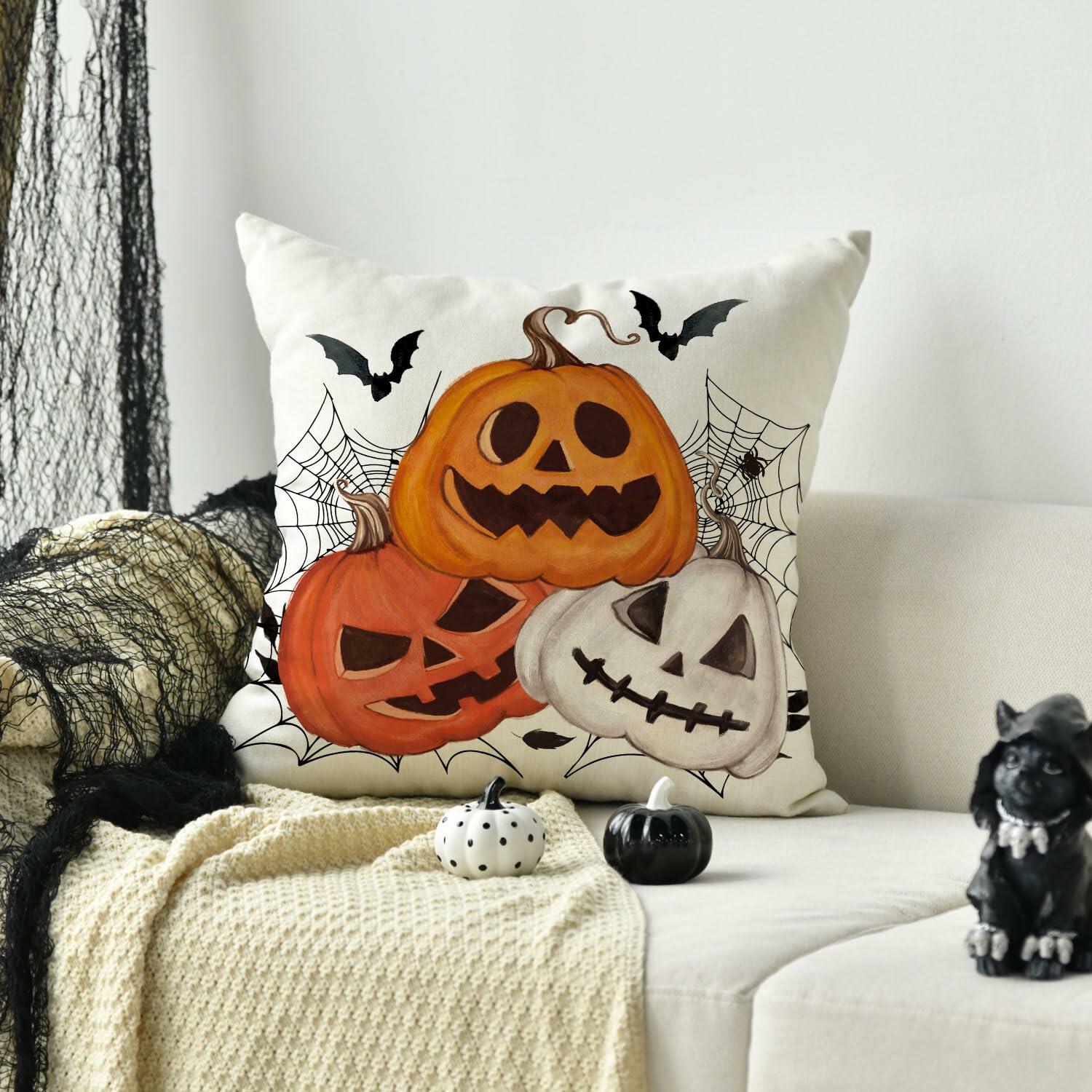 AVOIN Halloween Pumpkin Jack-O'-Lantern Bat Throw Pillow Cover 18x18 Inch