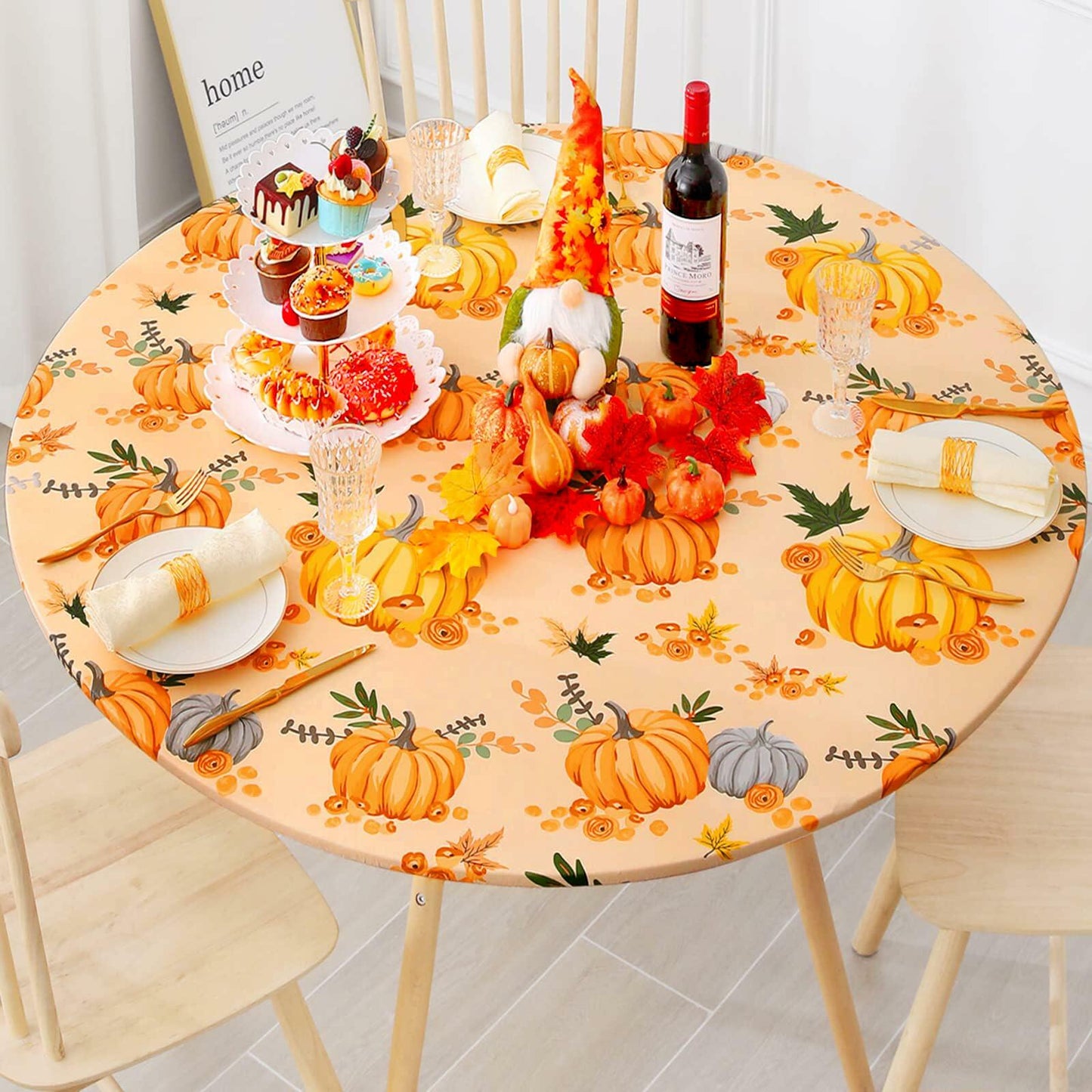 Smiry Waterproof Thanksgiving Tablecloth Fitted 45-56" Tables Orange