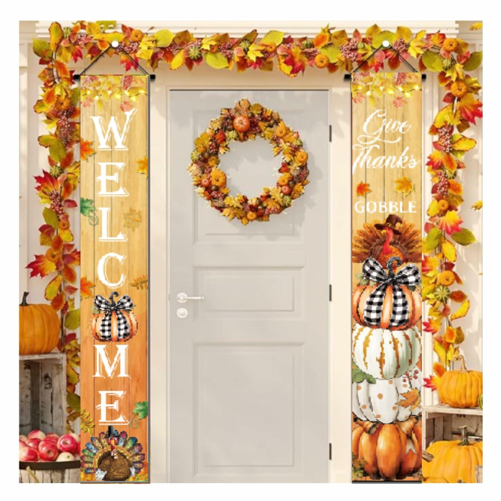 Vintage Welcome Thanksgiving Porch Banner Sign 70.8x11.8in Pumpkin Turkey Decor