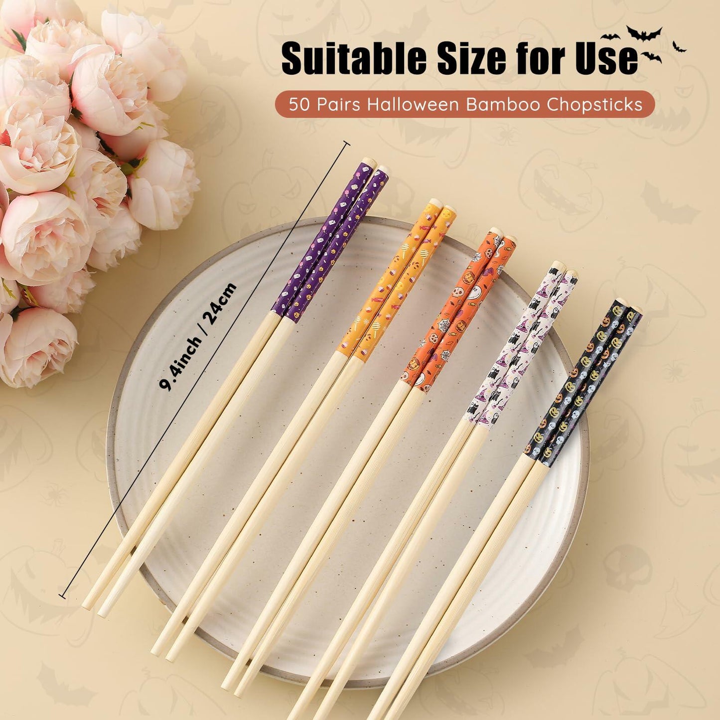 Halloween 50 Pairs 9.4in Bamboo Disposable Chopsticks Sleeved Party Gifts