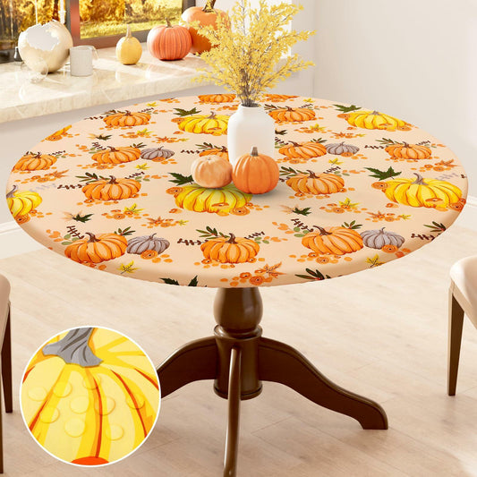Smiry Waterproof Thanksgiving Tablecloth Fitted 45-56" Tables Orange