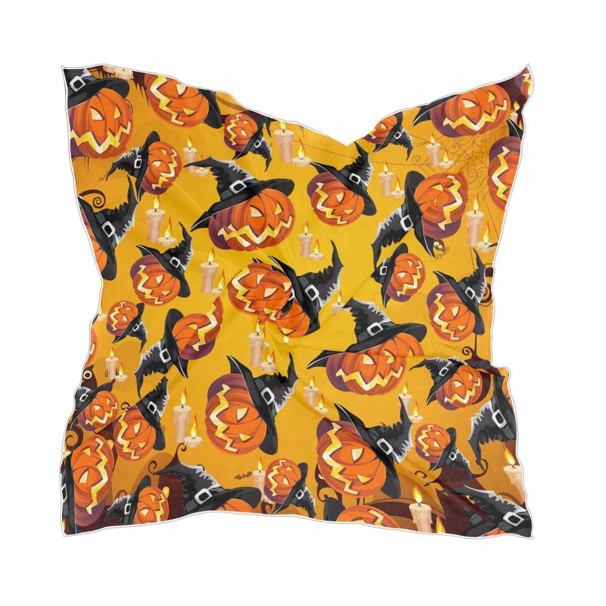 PMAIHNAS Women's Fashion Silk Halloween Pumpkin Satin Scarf 23.6x23.6