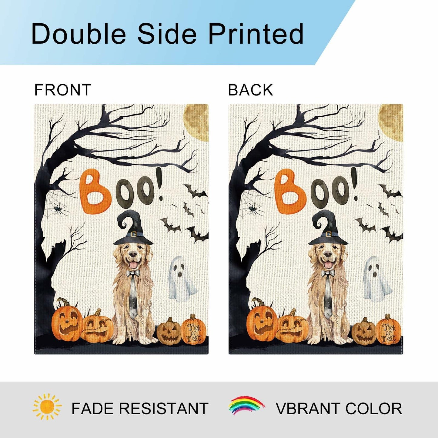 DLZDN Halloween Boo Dog Garden Flag Pumpkin Golden Retriever 12x18 Burlap
