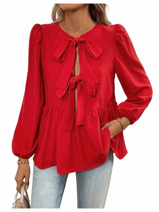 GORGLITTER Women's Bow Tie Front Peplum Puff Sleeve Top Red Size M