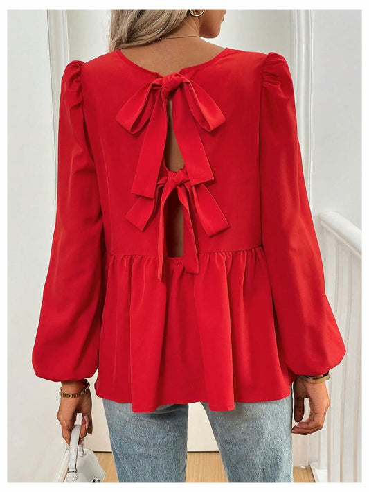 GORGLITTER Women's Bow Tie Front Peplum Puff Sleeve Top Red Size M