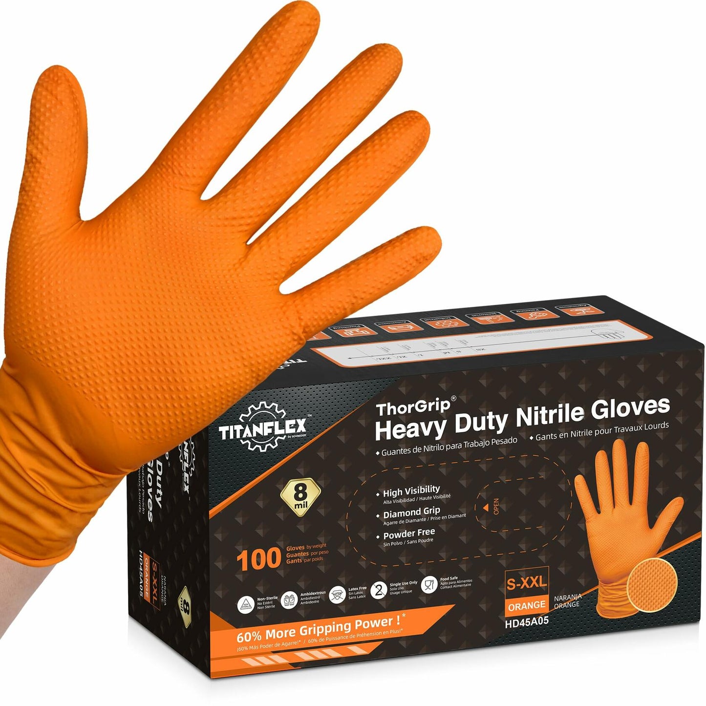 TitanFlex ThorGrip Heavy Duty Industrial Orange Nitrile Gloves 100-ct Size XL
