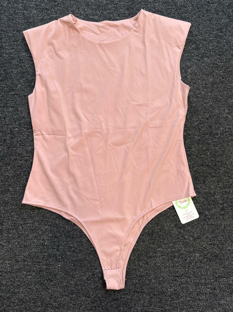 Women Sleeveless Pads Shoulder Bodycon Bodysuit Tank Top Pink Size XL