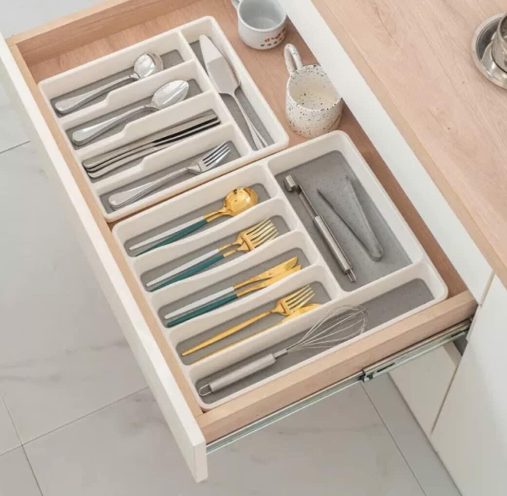 Large Silverware Tray 6-Compartment White Kitchen Drawer Organizer BPA-Free