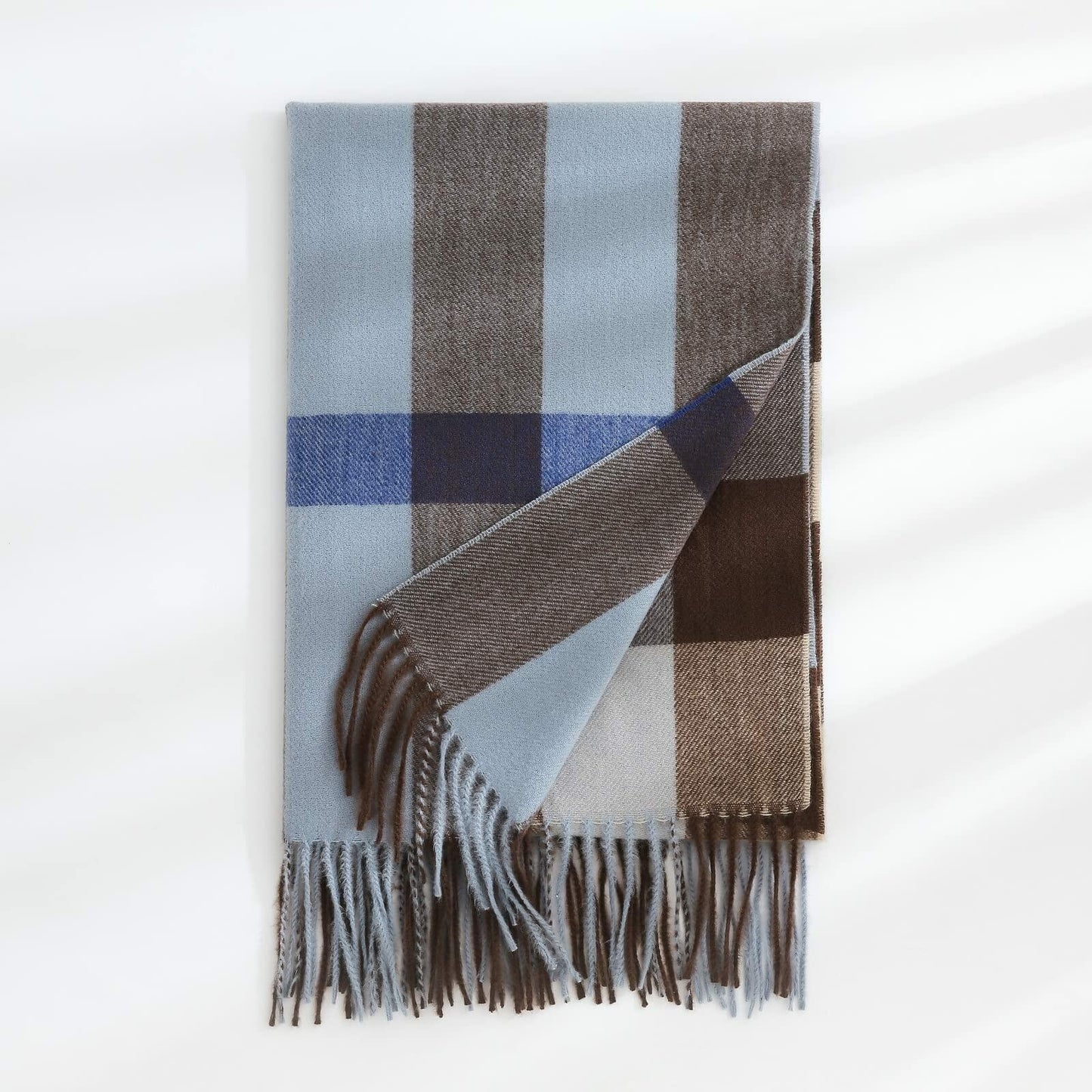 Women's Faux Cashmere Plaid Scarf Blue Ultra-Soft Winter Wrap