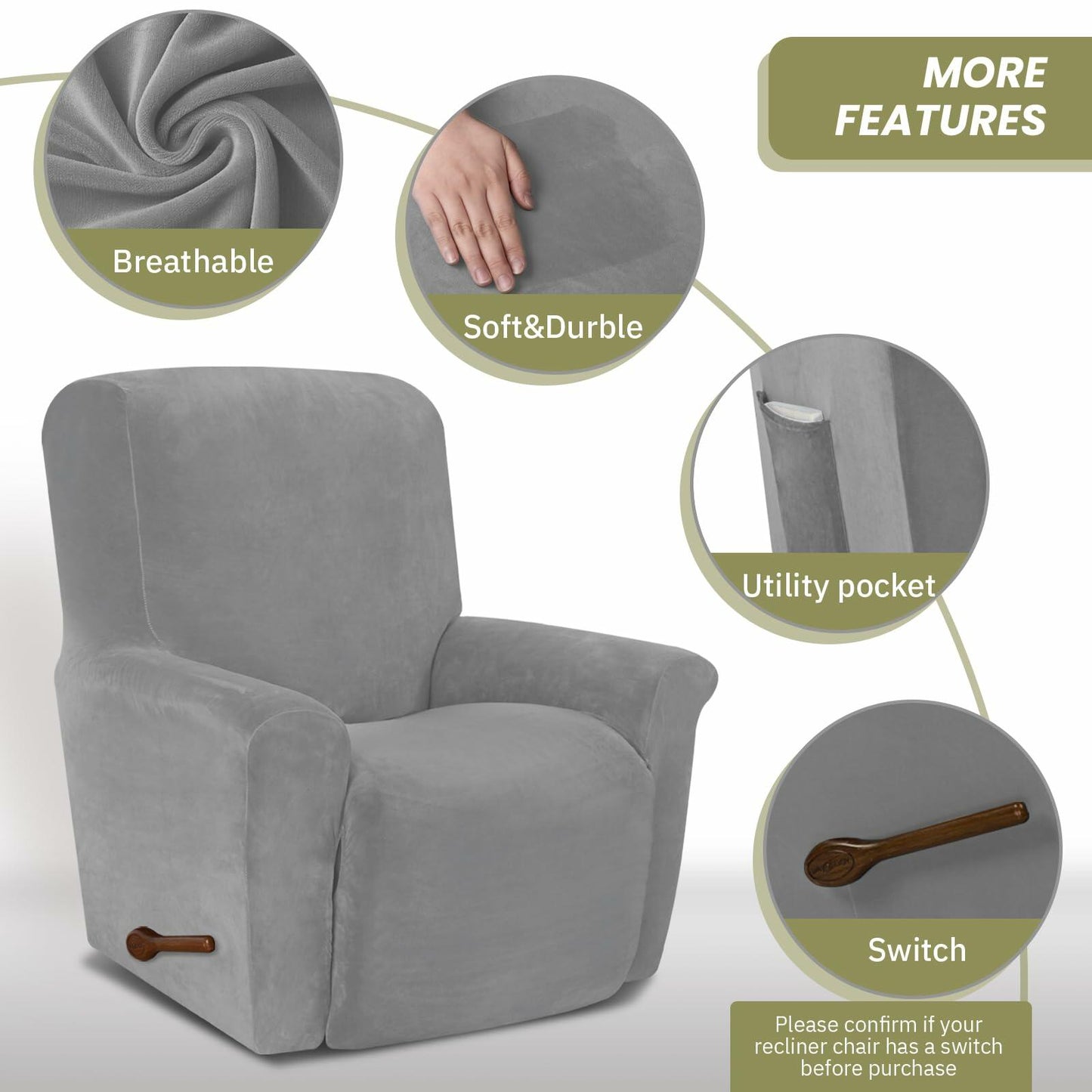 AZON Velvet Stretch Recliner Chair Cover Elastic Protector Charcoal 1-Pc